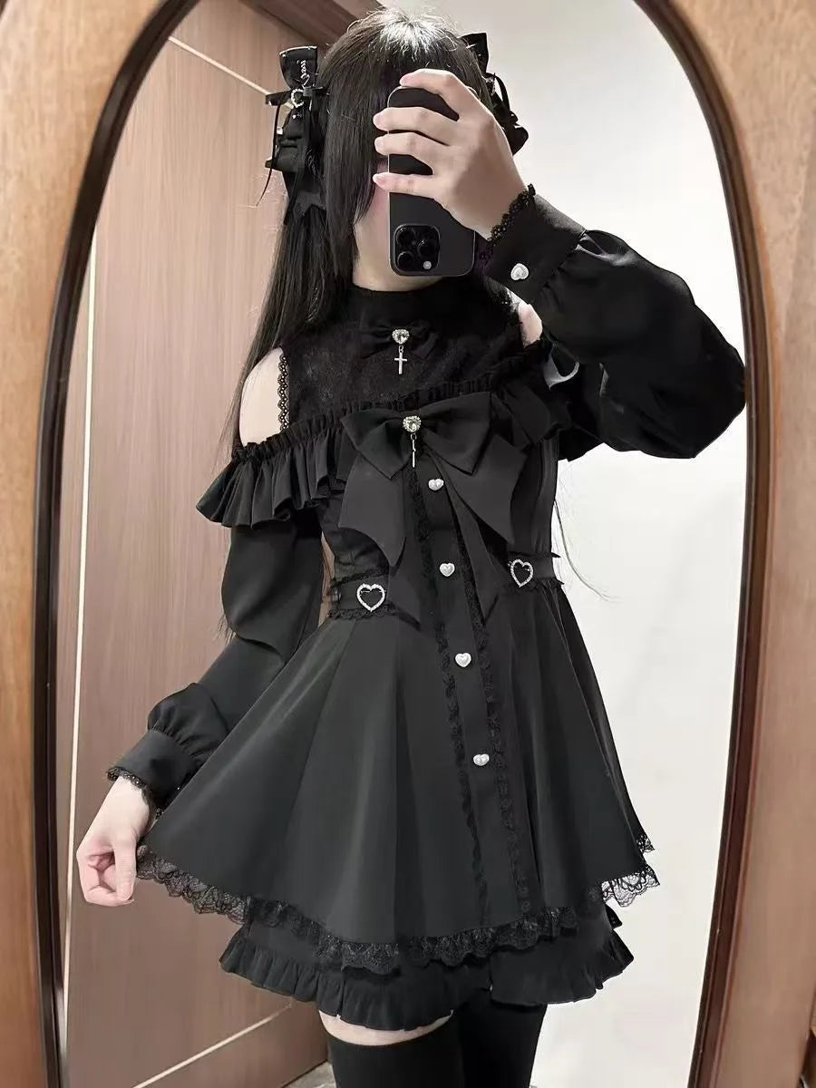Harajuku Sweet Bow Black Plaid Dresses All-match Slim Fit Kawaii Lolita Dress