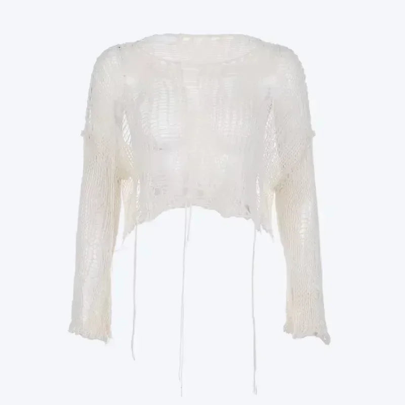 Round Neck Hollow-Out Cropped Knit Top Long Sleeve Loose Fit